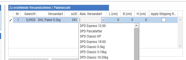 Abweichendes Versandprodukt pro Paket