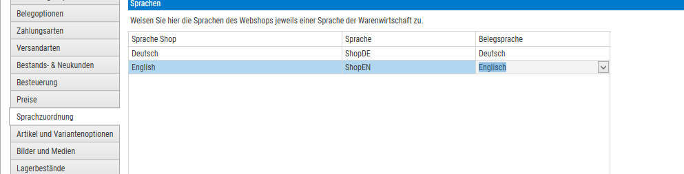Belegsprache beim Shopware zu Sage 100setzen