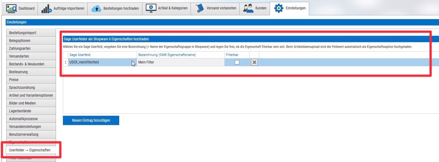 Sage Userfelder als Shopware-Eigenschaften und Filter setzen