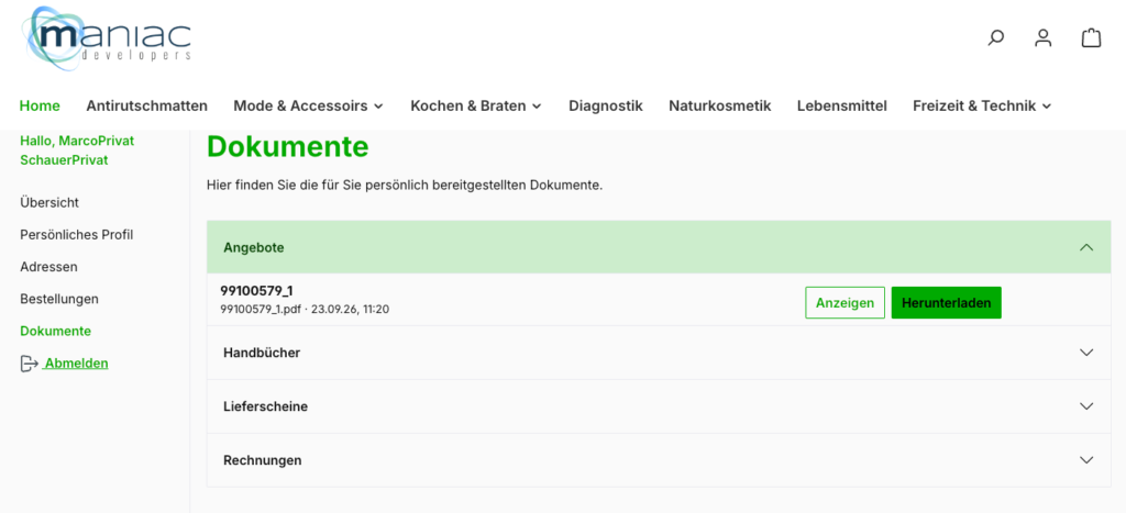 Kundendokumente im Shop